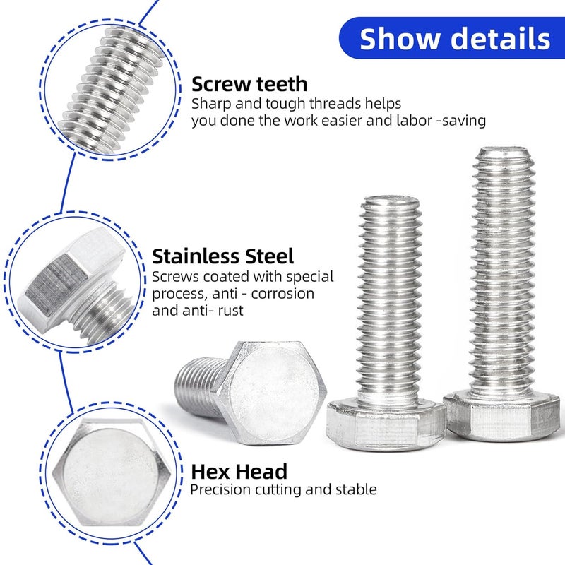 Instockbolts برغي سداسي الرأس M8-1.25 X 12، فولاذ مقاوم للصدأ 304 18-8، حزمة من 20 - Image 3